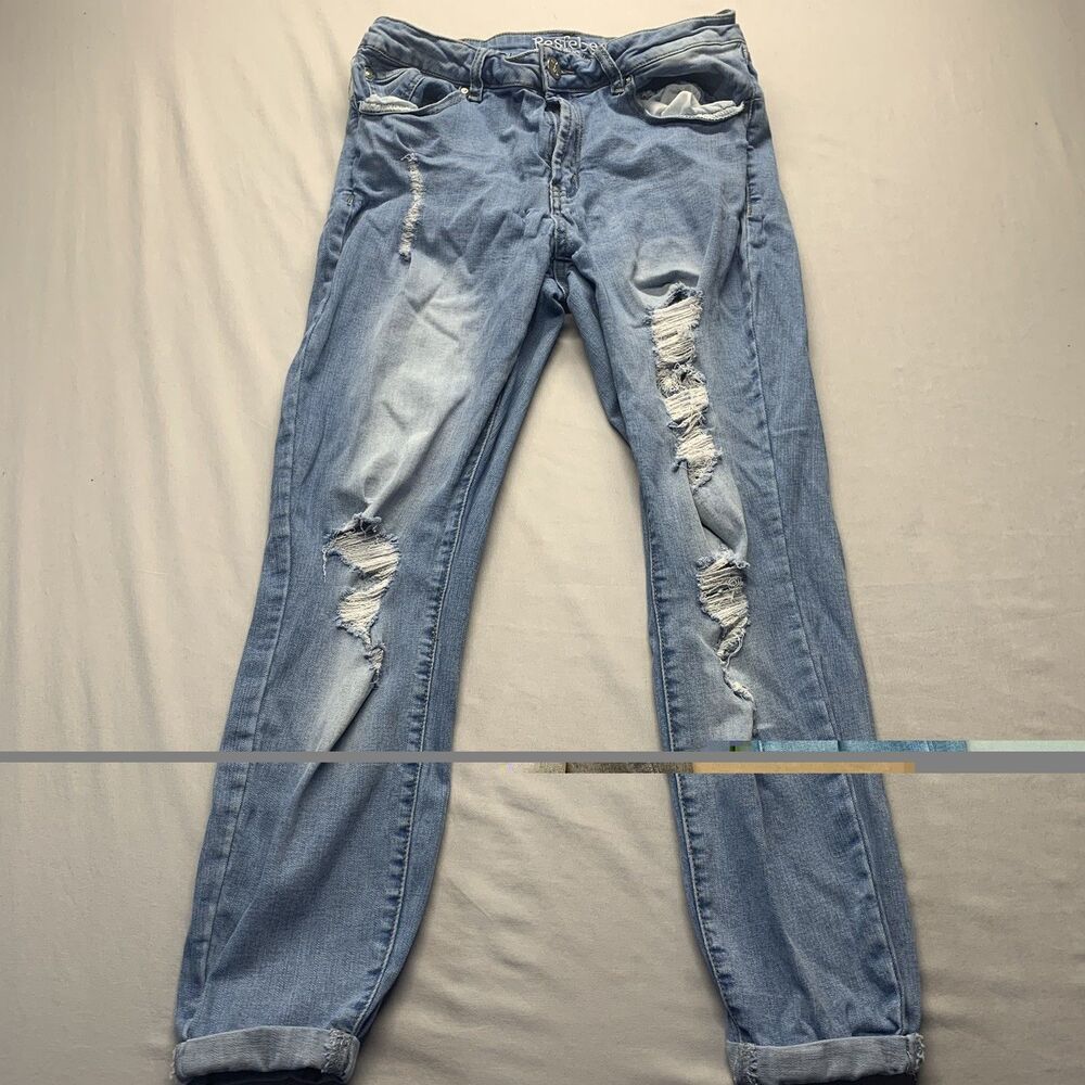 Resfeber Women's Blue Ripped Skinny Boy Friend Denim Jeans-Size 12